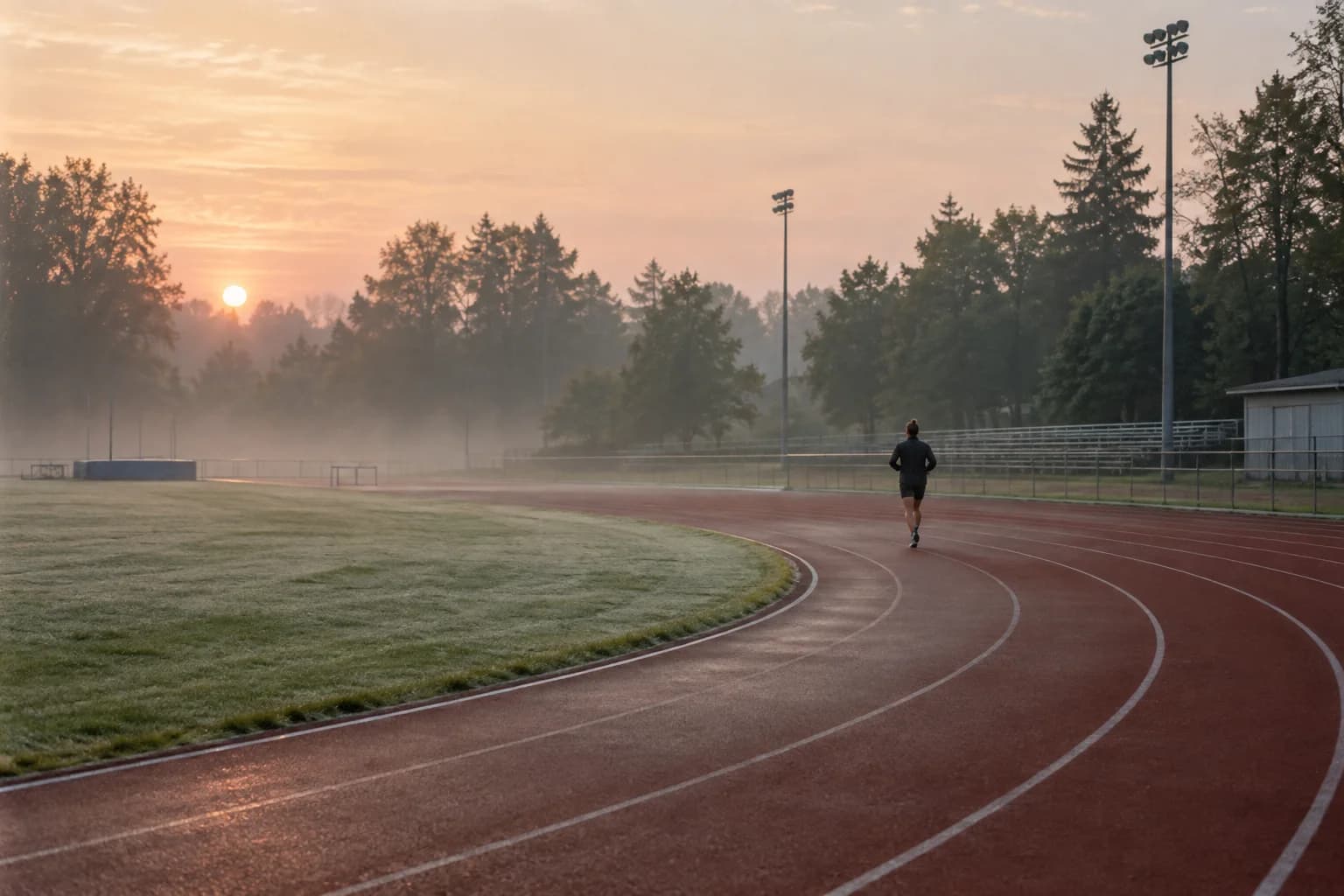 An athlete rounding a quiet track in the early morning mist