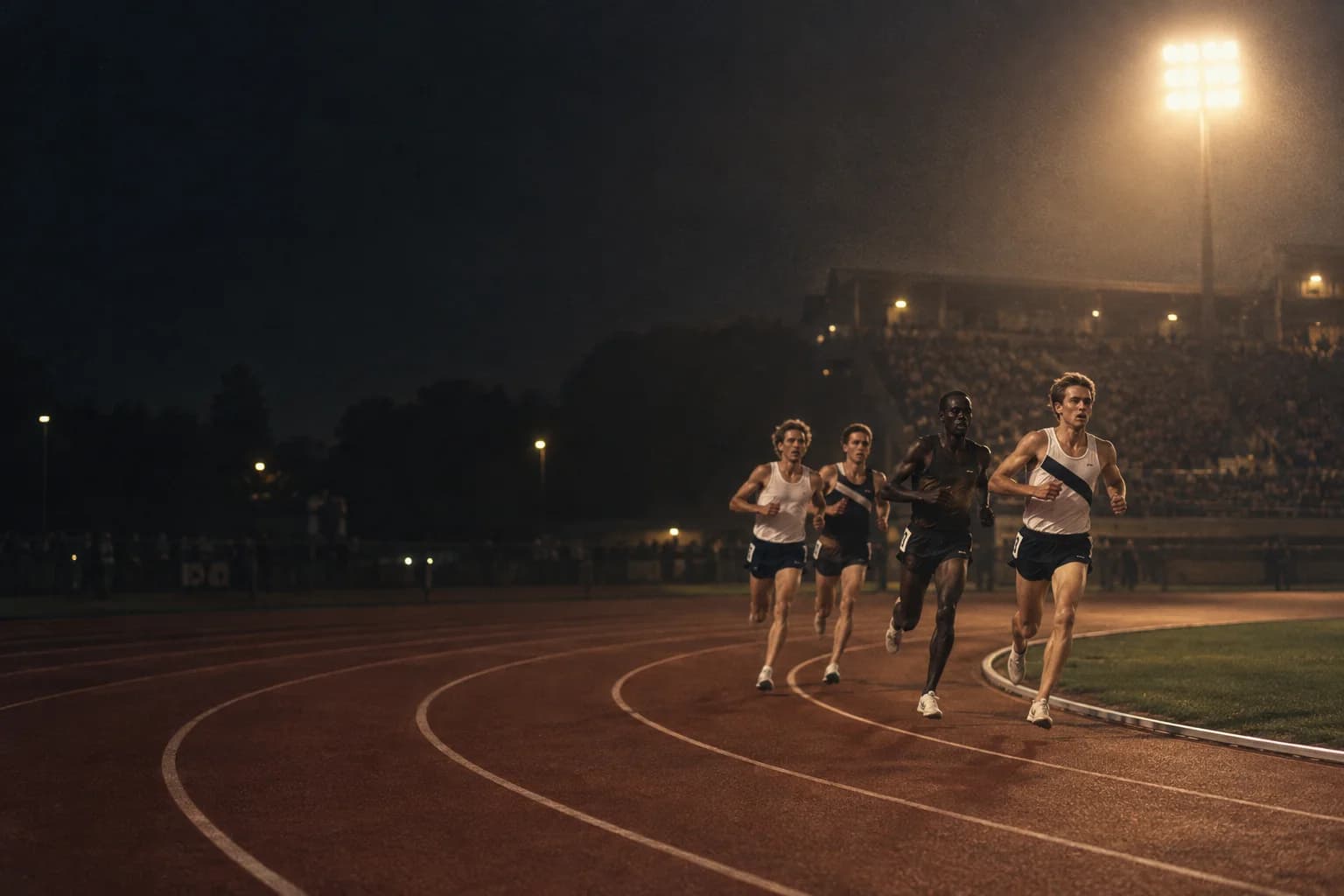 Middle-distance runners rounding the bend of a copper track under stadium lights